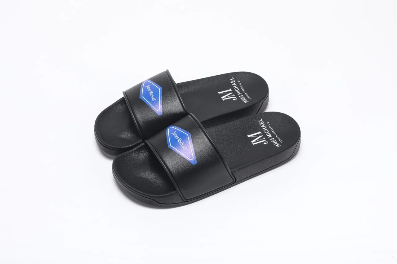 Slippers — Black — Cushioned slide, badge strap print. (placeholder photography)