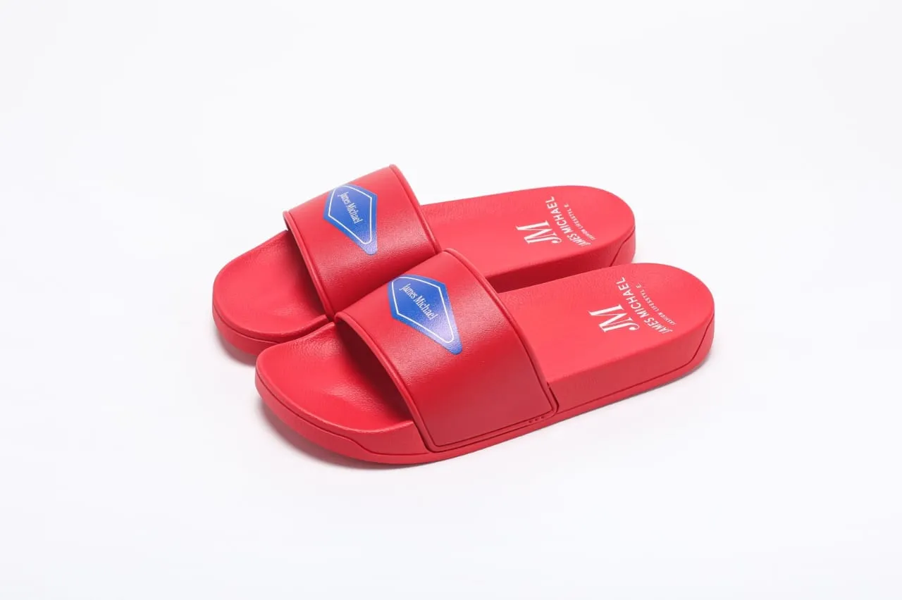 Slippers — Red — Cushioned slide, badge strap print. (placeholder photography)